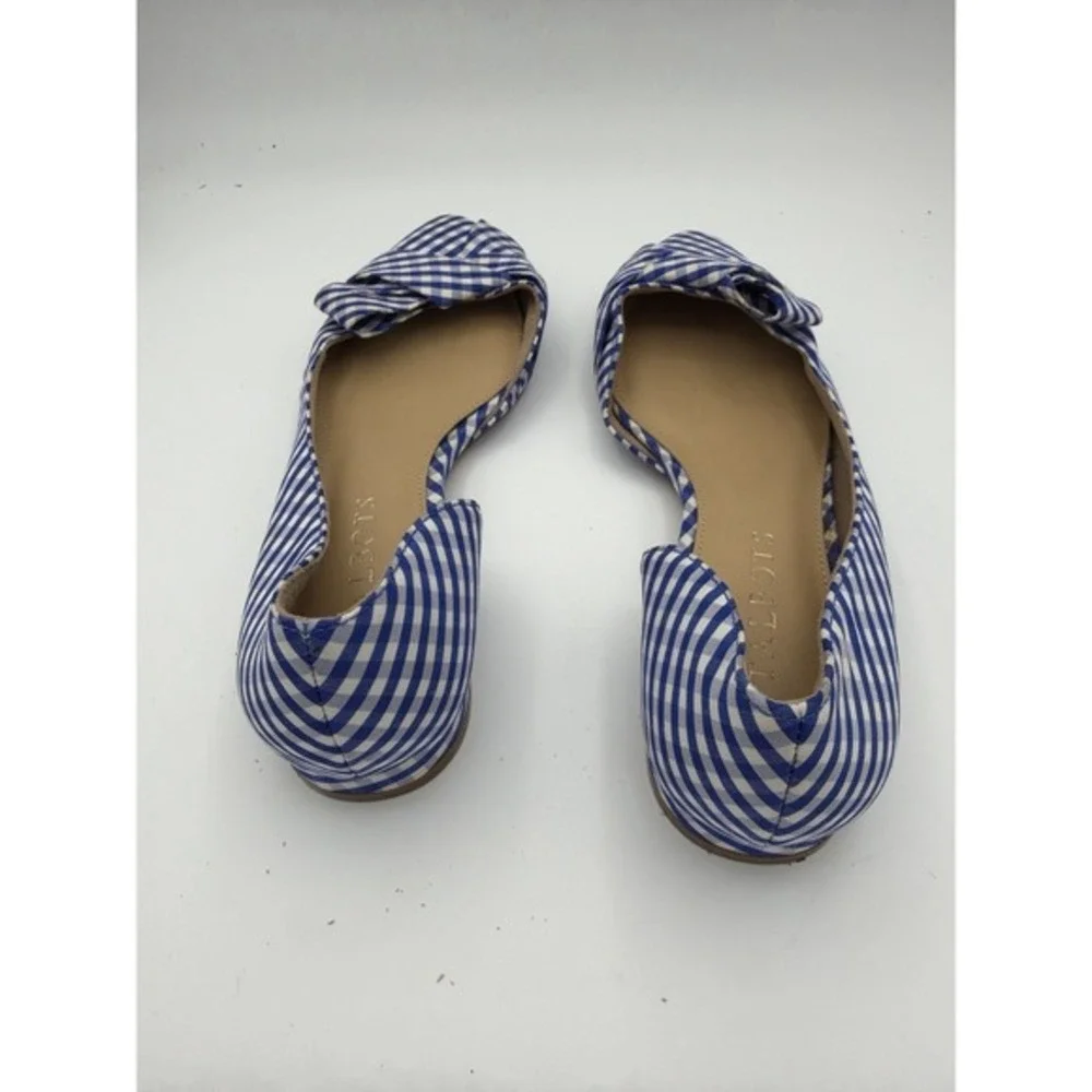 Talbots Gingham Bow D'Orsay Flats Blue White Low Block Heel 6M. ‎       1652